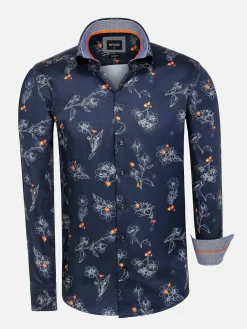 Baga Navy Floral Print Overhemd Longe Mouw